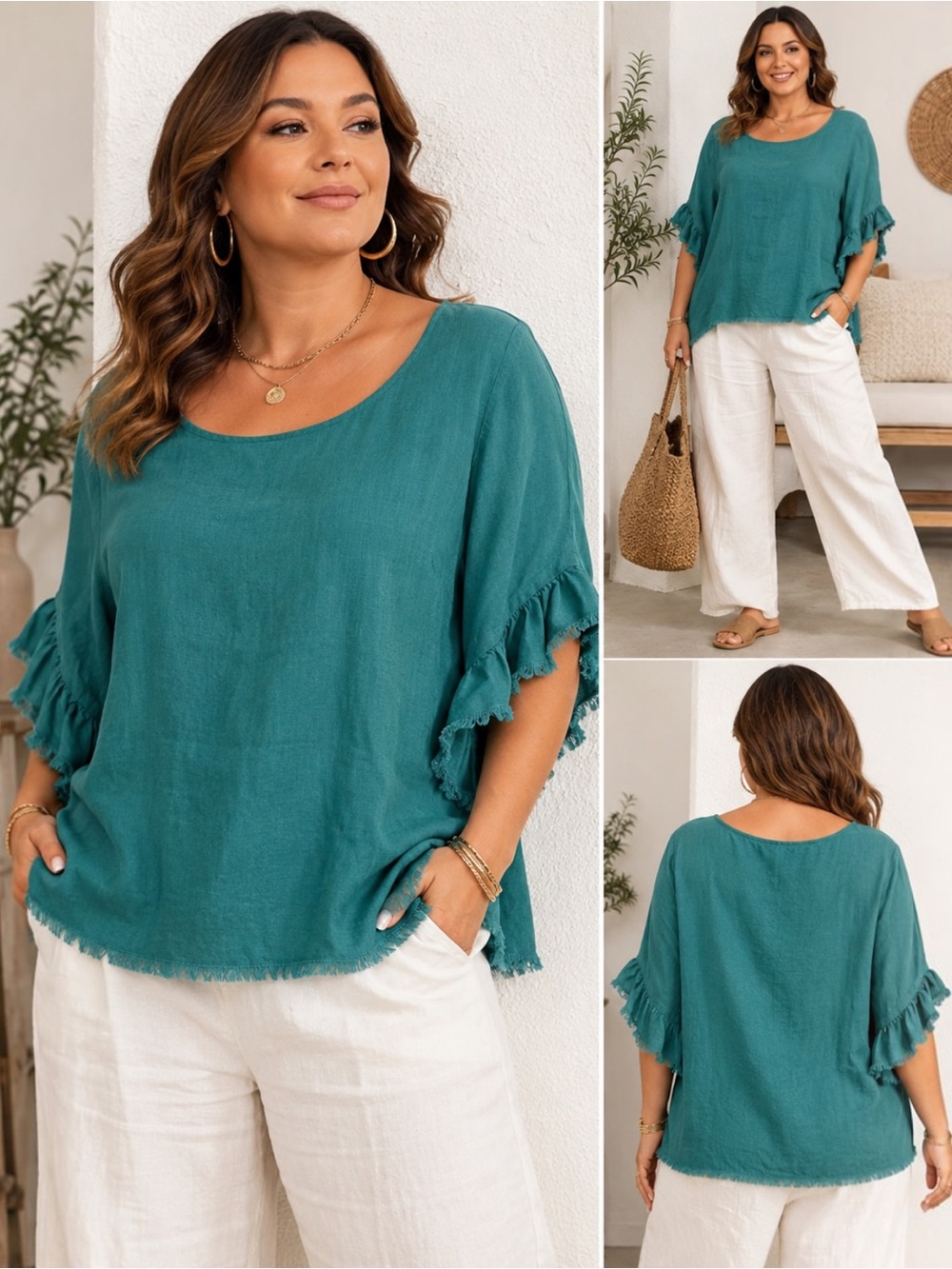 Chic Soul 3X Teal Linen Rayon Blouse Raw Edge Ruffle Sleeve Boho Plus Size Top